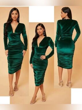 Emerald Green V-Neck Velvet Ruched Midi bodycon cocktail Dress Sz L NWT